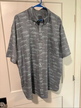Huk Gray Short Sleeve Button-Down with Marlin Print
